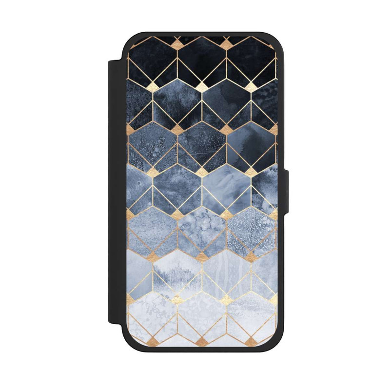 iPhone 15 Pro Max NIVOflip Blaue Sechsecke und Diamanten Golddruck