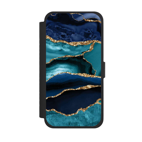 Apple iPhone 15 Pro Max NIVOflip Dark and Light Blue Marble Gold Glitter Look