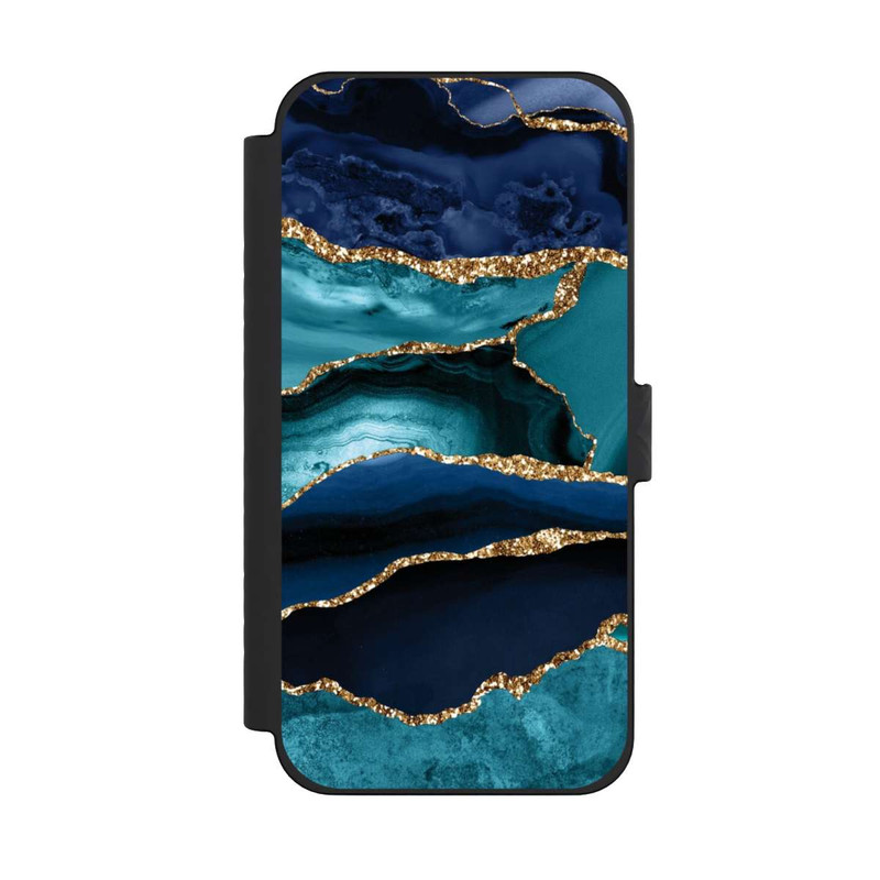 iPhone 15 Pro Max NIVOflip Aspect pailleté doré marbré bleu foncé et bleu clair