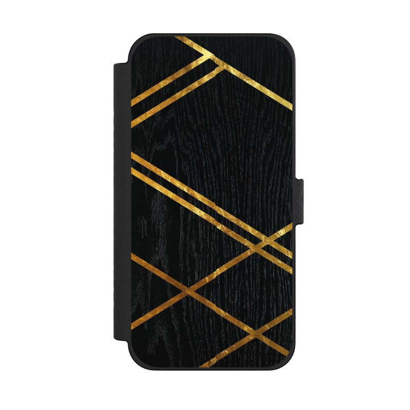iPhone 15 Pro Max NIVOflip Schwarzes geometrisches Muster Goldene Streifen