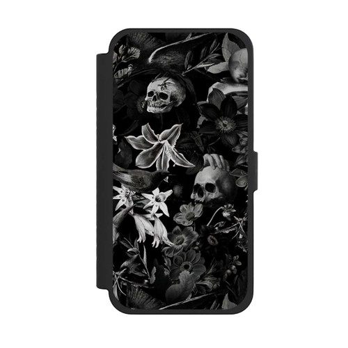 Apple iPhone 15 Pro Max NIVOflip Totenköpfe und Blumen auf schwarzem Hintergrund