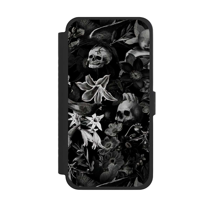 iPhone 15 Pro Max NIVOflip Totenköpfe und Blumen auf schwarzem Hintergrund