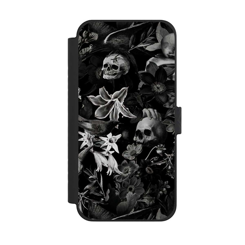 iPhone 15 Pro Max NIVOflip Totenköpfe und Blumen auf schwarzem Hintergrund