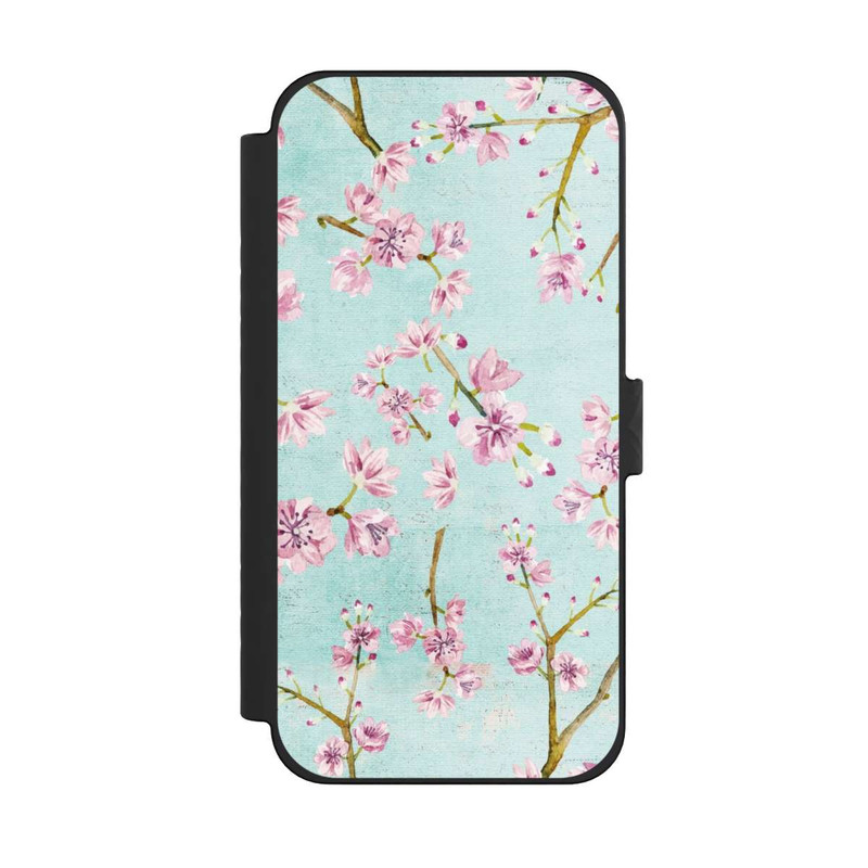 iPhone 15 Pro Max NIVOflip Motif de brindilles de fleurs de cerisier bleu clair