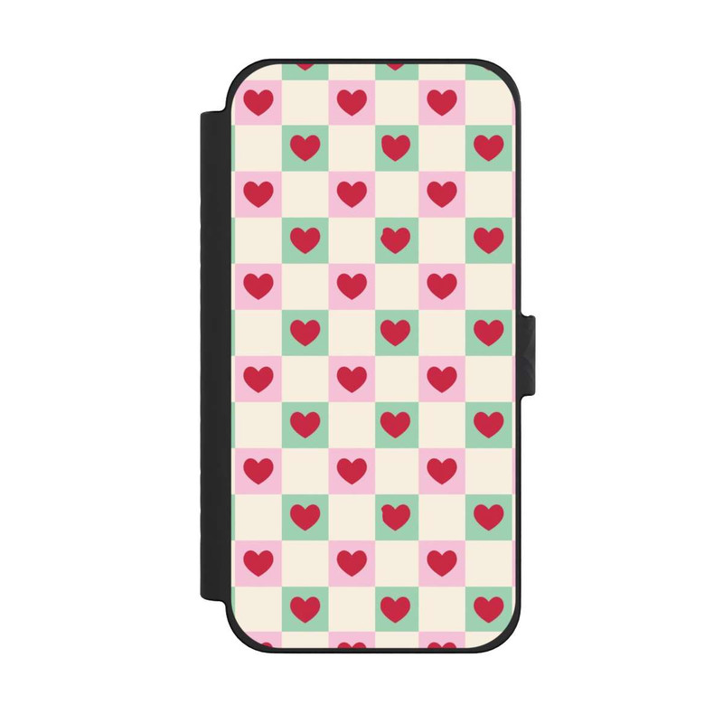 iPhone 15 Pro Max NIVOflip Karomuster Herzen Rosa und Grün Valentinstag