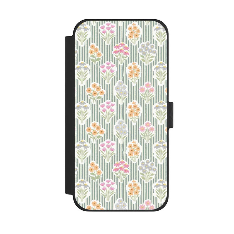 iPhone 15 Pro Max NIVOflip Ditsy Flower Sticker Bouquets on Blue and Cream Pinstripes