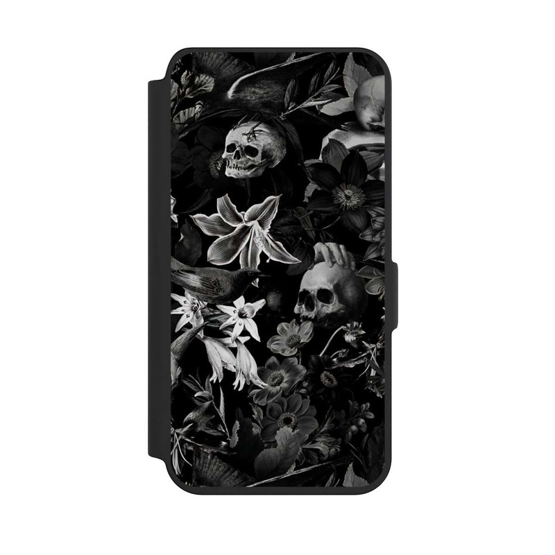Galaxy S24 NIVOflip Crânes et fleurs sur fond noir