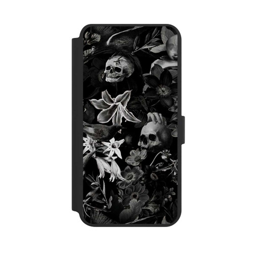 Samsung Galaxy S24+ NIVOflip Totenköpfe und Blumen auf schwarzem Hintergrund