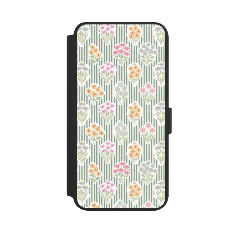 Galaxy S24 + NIVOflip Ditsy Flower Sticker Bouquets on Blue and Cream Pinstripes