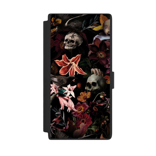 Samsung Galaxy S24 Ultra NIVOflip Totenköpfe und Blumen auf dunklem Hintergrund