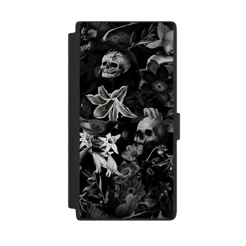 Samsung Galaxy S24 Ultra NIVOflip Totenköpfe und Blumen auf schwarzem Hintergrund