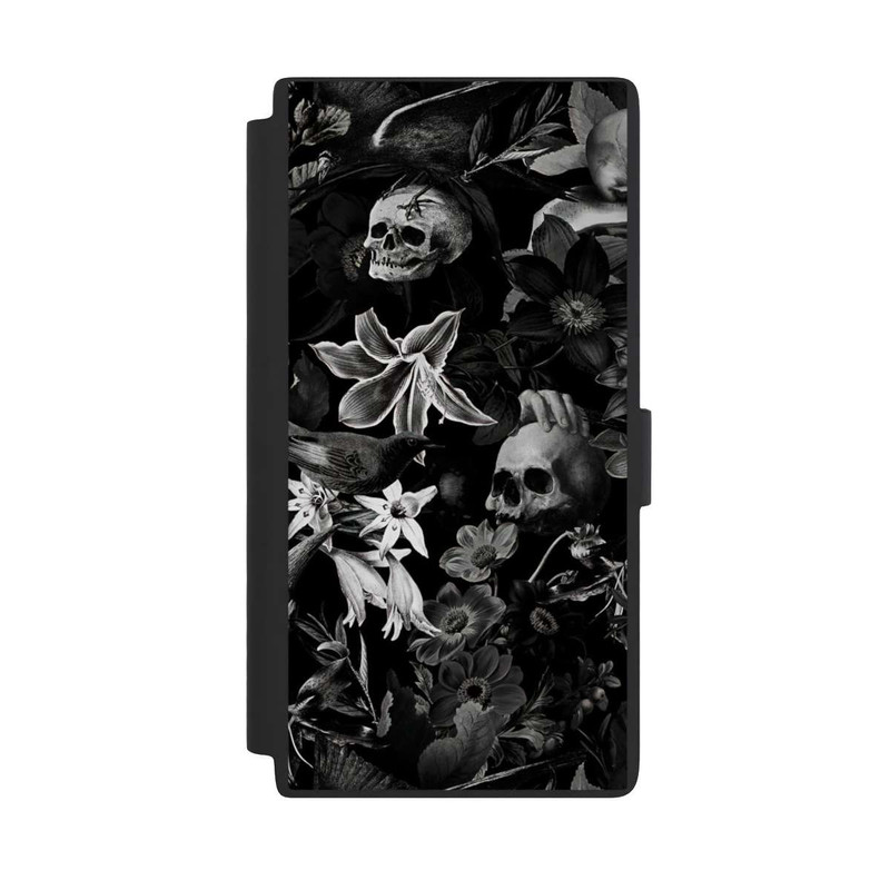 Galaxy S24 Ultra NIVOflip Totenköpfe und Blumen auf schwarzem Hintergrund