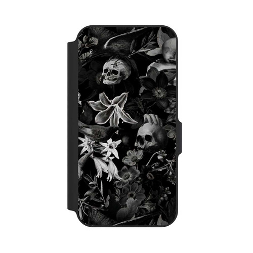 Samsung Galaxy S23 FE NIVOflip Totenköpfe und Blumen auf schwarzem Hintergrund