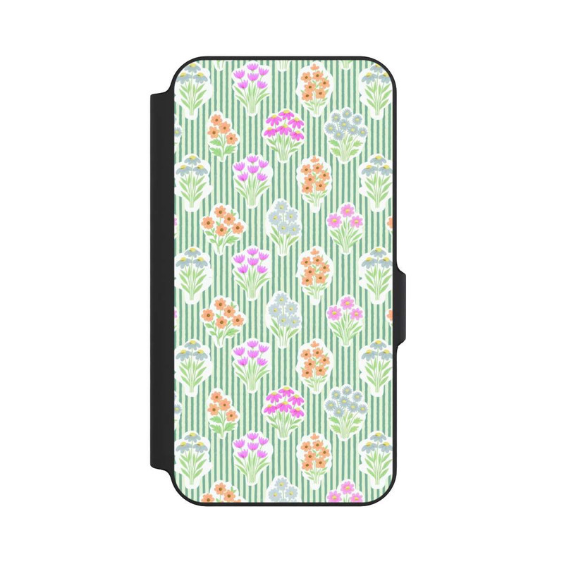 Galaxy S23 FE NIVOflip Ditsy Flower Sticker Bouquets on Blue and Cream Pinstripes