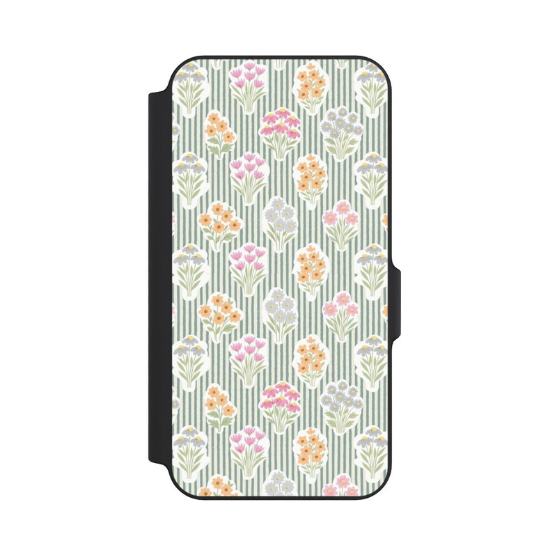 Galaxy S23 FE NIVOflip Ditsy Flower Sticker Bouquets on Blue and Cream Pinstripes