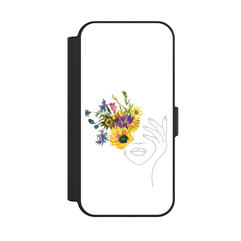 iPhone 16 NIVOflip Line Art Frau Sonnenblumen