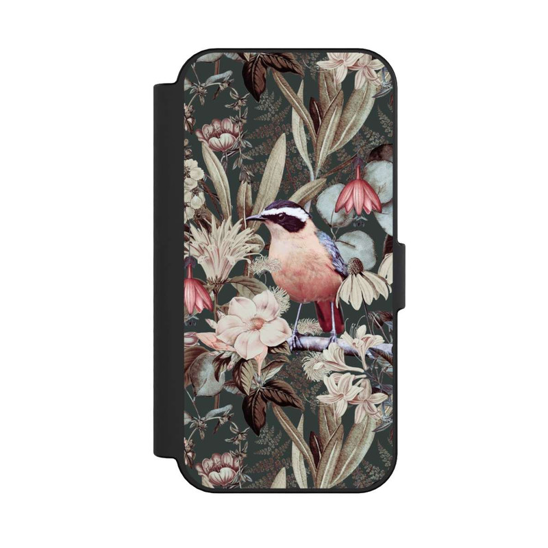 iPhone 16 NIVOflip Orangefarbener Vogel im Vintage Blumenmuster