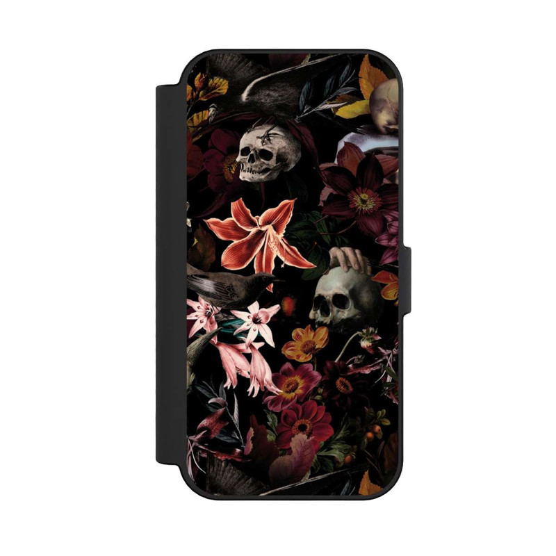 iPhone 16 NIVOflip Totenköpfe und Blumen auf dunklem Hintergrund