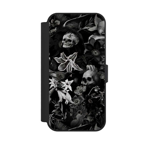 Apple iPhone 16 NIVOflip Totenköpfe und Blumen auf schwarzem Hintergrund