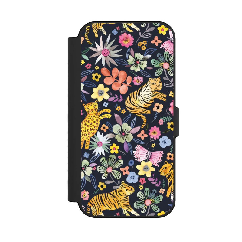 iPhone 16 NIVOflip Frühlingsblumen mit Tiger schwarz
