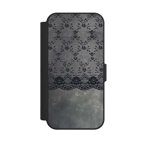 Apple iPhone 16 NIVOflip Schwarzes Spitzenmuster auf grauem Hintergrund