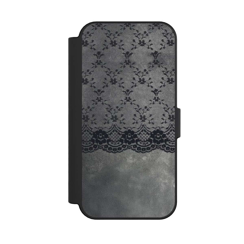 iPhone 16 NIVOflip Schwarzes Spitzenmuster auf grauem Hintergrund