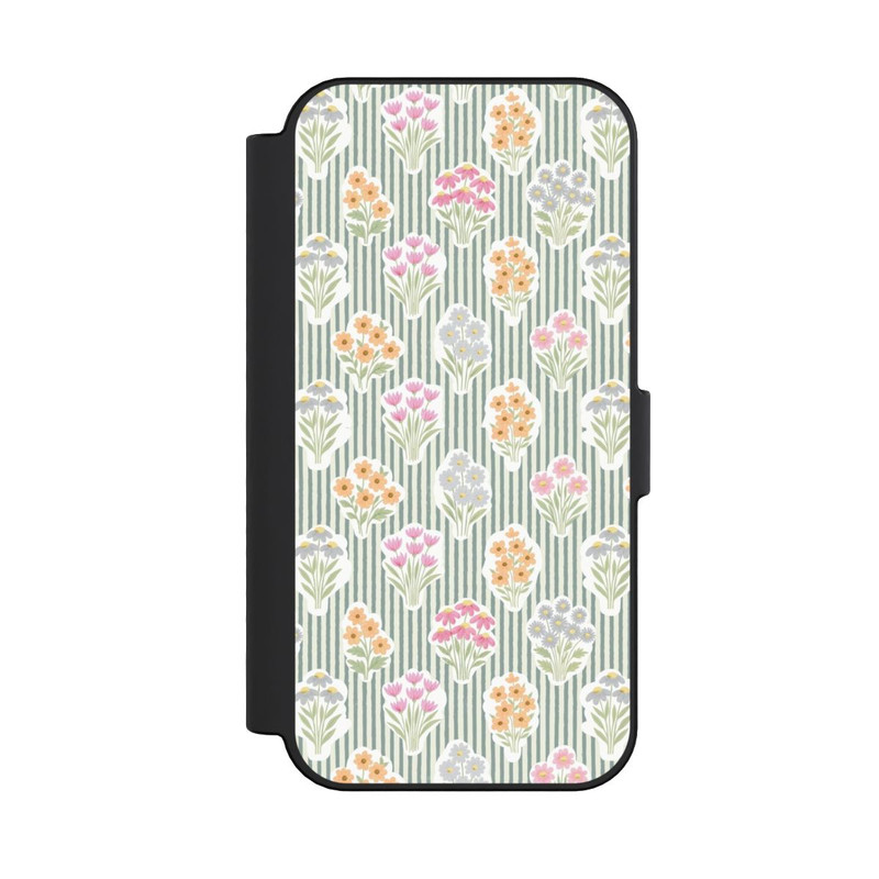 iPhone 16 NIVOflip Ditsy Flower Sticker Bouquets on Blue and Cream Pinstripes