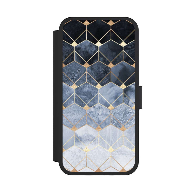 iPhone 16 Pro NIVOflip Impression Or Hexagones Bleus Et Diamants