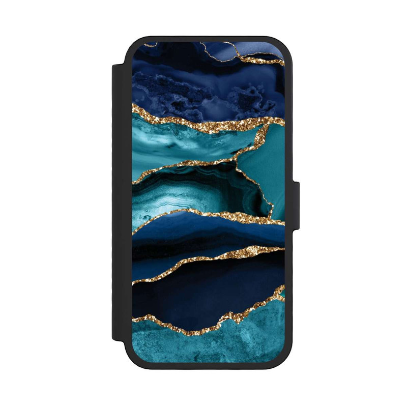 iPhone 16 Pro NIVOflip Dark and Light Blue Marble Gold Glitter Look