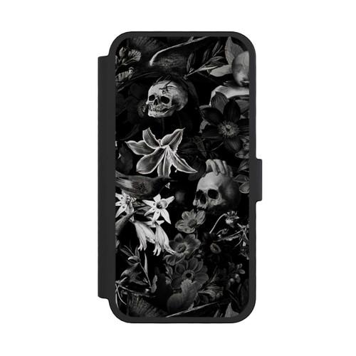 Apple iPhone 16 Pro NIVOflip Totenköpfe und Blumen auf schwarzem Hintergrund