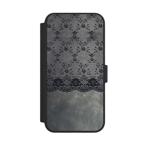 Apple iPhone 16 Pro NIVOflip Schwarzes Spitzenmuster auf grauem Hintergrund