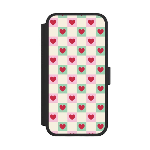 Apple iPhone 16 Pro NIVOflip Karomuster Herzen Rosa und Grün Valentinstag