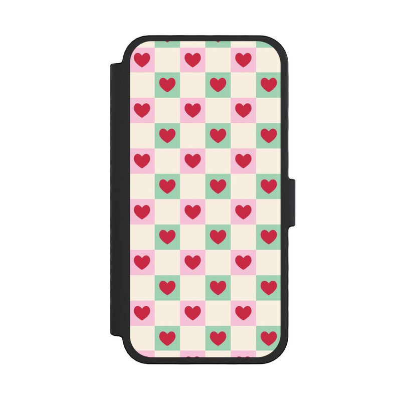 iPhone 16 Pro NIVOflip Cœurs à Carreaux Rose et Vert Saint-Valentin