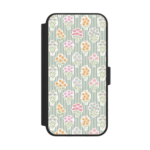 Apple iPhone 16 Pro NIVOflip Ditsy Flower Sticker Bouquets on Blue and Cream Pinstripes