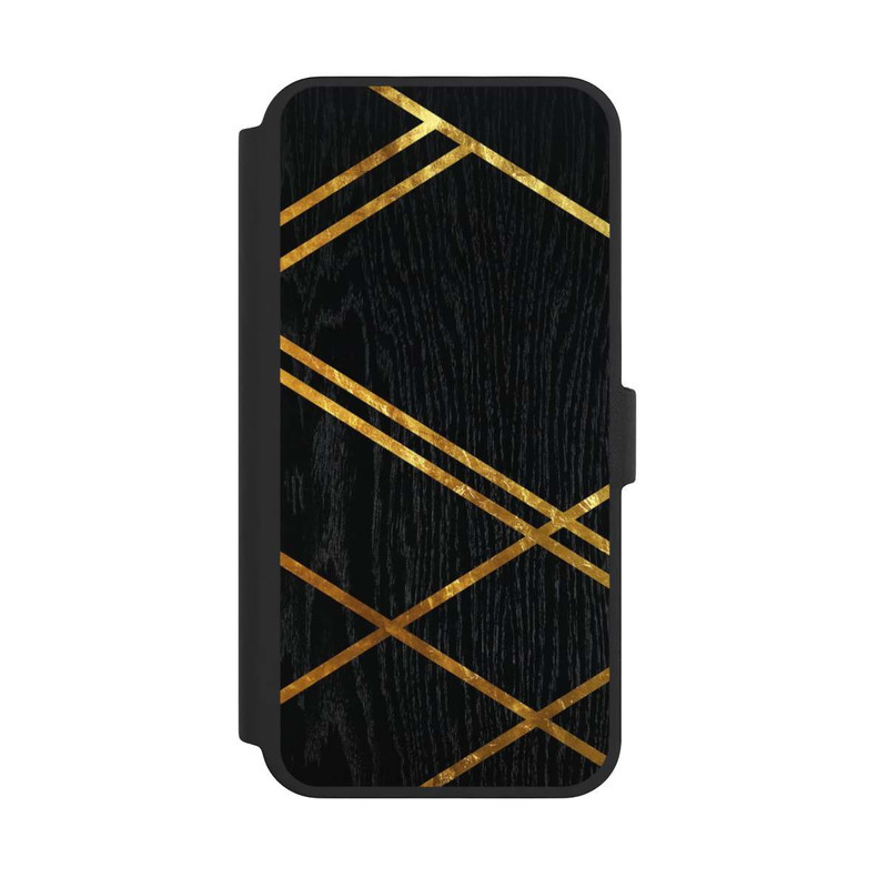 iPhone 16 Pro Max NIVOflip Schwarzes geometrisches Muster Goldene Streifen