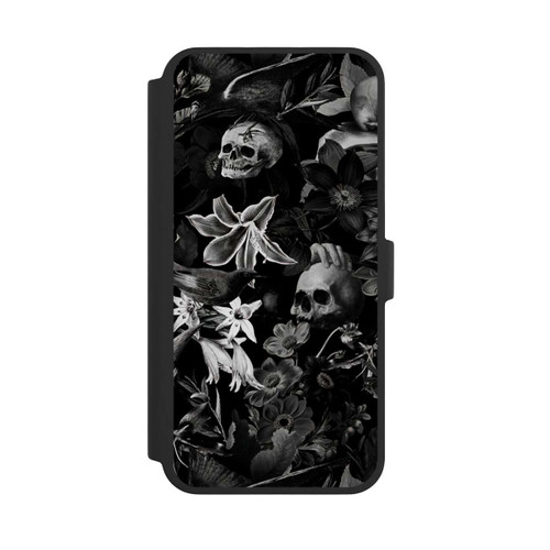 Apple iPhone 16 Pro Max NIVOflip Totenköpfe und Blumen auf schwarzem Hintergrund