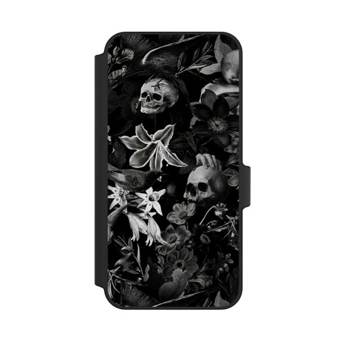 Samsung Galaxy A15 5G NIVOflip Totenköpfe und Blumen auf schwarzem Hintergrund