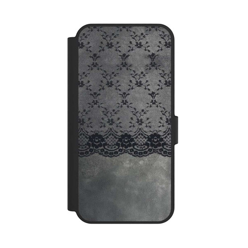 Samsung Galaxy S24 FE 5G NIVOflip Schwarzes Spitzenmuster auf grauem Hintergrund