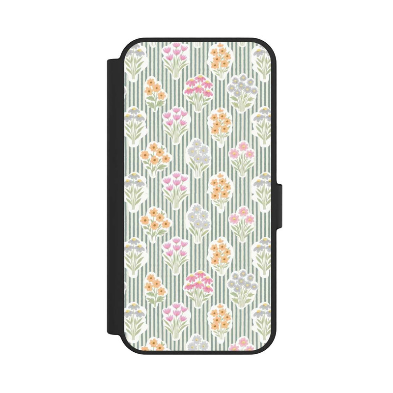 Galaxy S24 FE NIVOflip Ditsy Flower Sticker Bouquets on Blue and Cream Pinstripes
