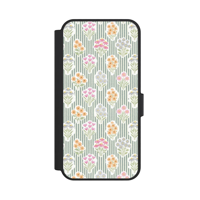 Galaxy S24 FE NIVOflip Ditsy Flower Sticker Bouquets on Blue and Cream Pinstripes