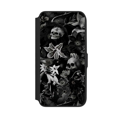 Samsung Galaxy A16 5G NIVOflip Totenköpfe und Blumen auf schwarzem Hintergrund