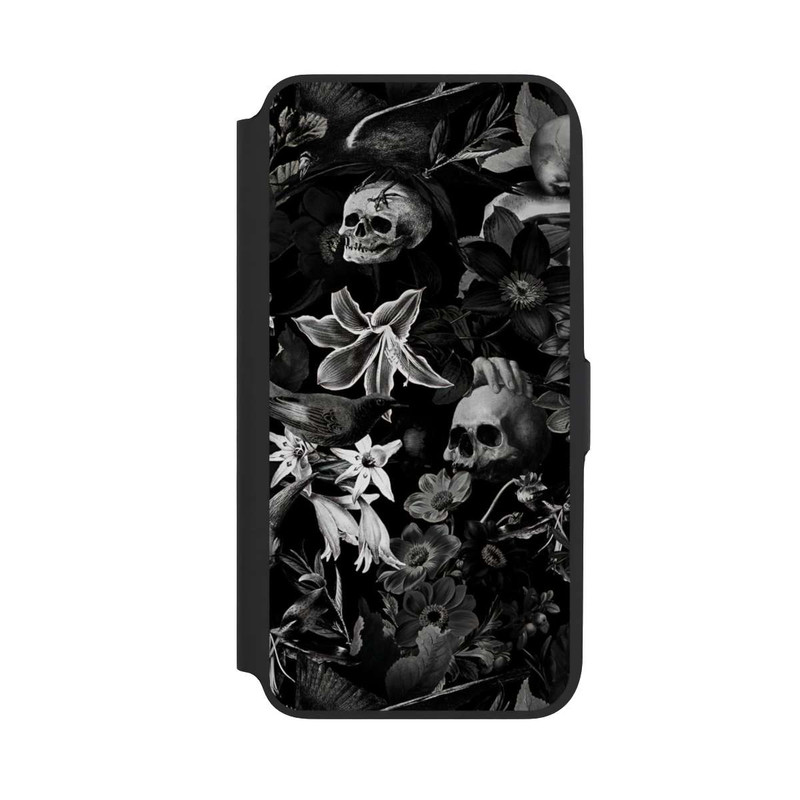Galaxy A16 5G NIVOflip Totenköpfe und Blumen auf schwarzem Hintergrund
