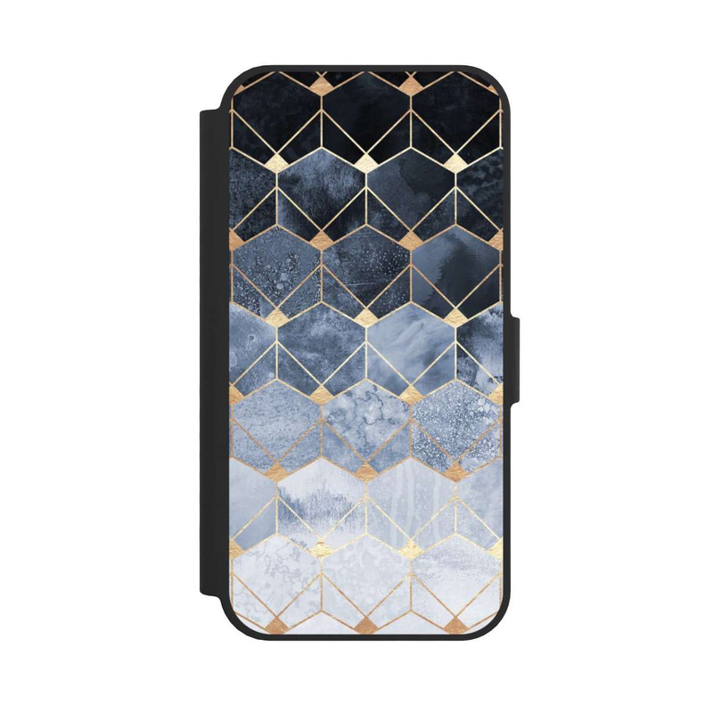 iPhone 16e NIVOflip Blaue Sechsecke und Diamanten Golddruck