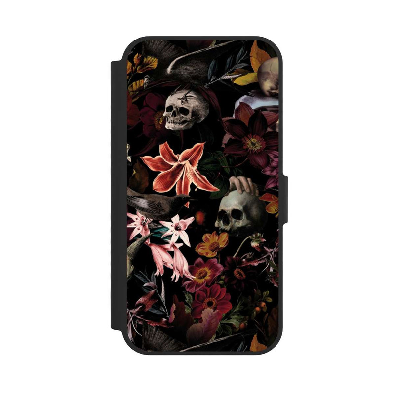 iPhone 16e NIVOflip Totenköpfe und Blumen auf dunklem Hintergrund