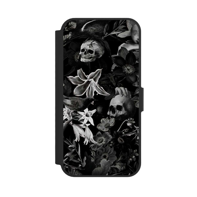 iPhone 16e NIVOflip Totenköpfe und Blumen auf schwarzem Hintergrund