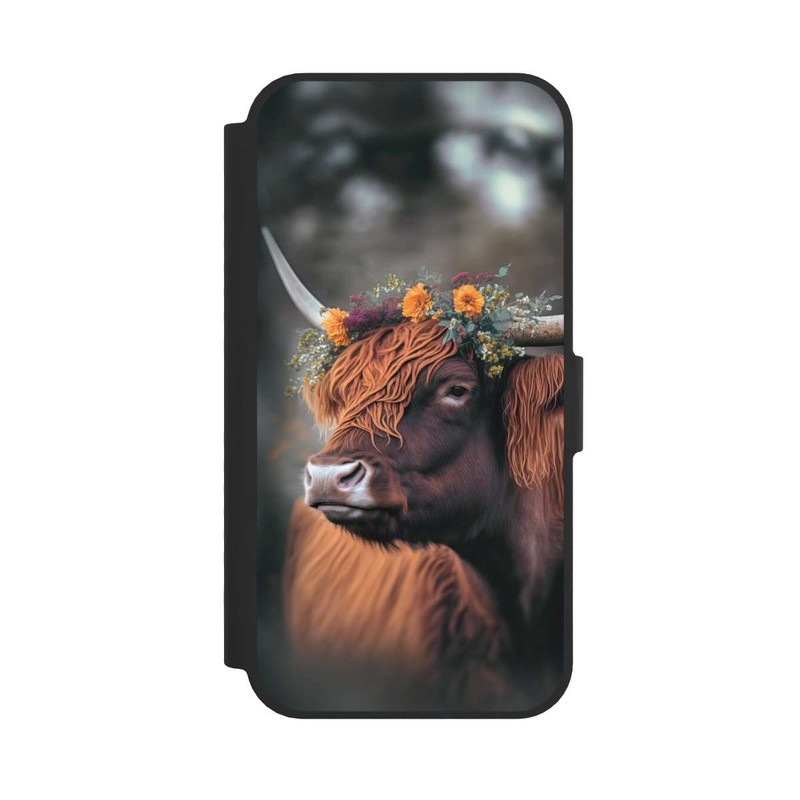 iPhone 16e NIVOflip Vache des Highlands avec des fleurs avec IA