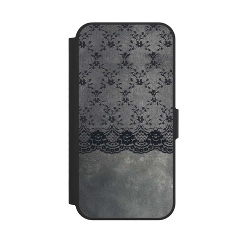 Apple iPhone 16e NIVOflip Schwarzes Spitzenmuster auf grauem Hintergrund