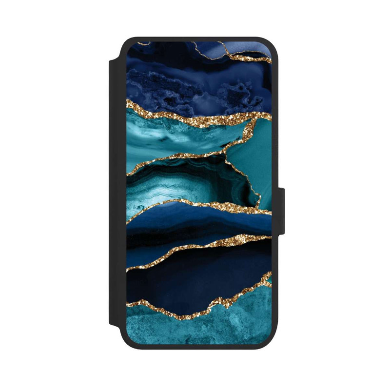 Galaxy S25 NIVOflip Aspect pailleté doré marbré bleu foncé et bleu clair