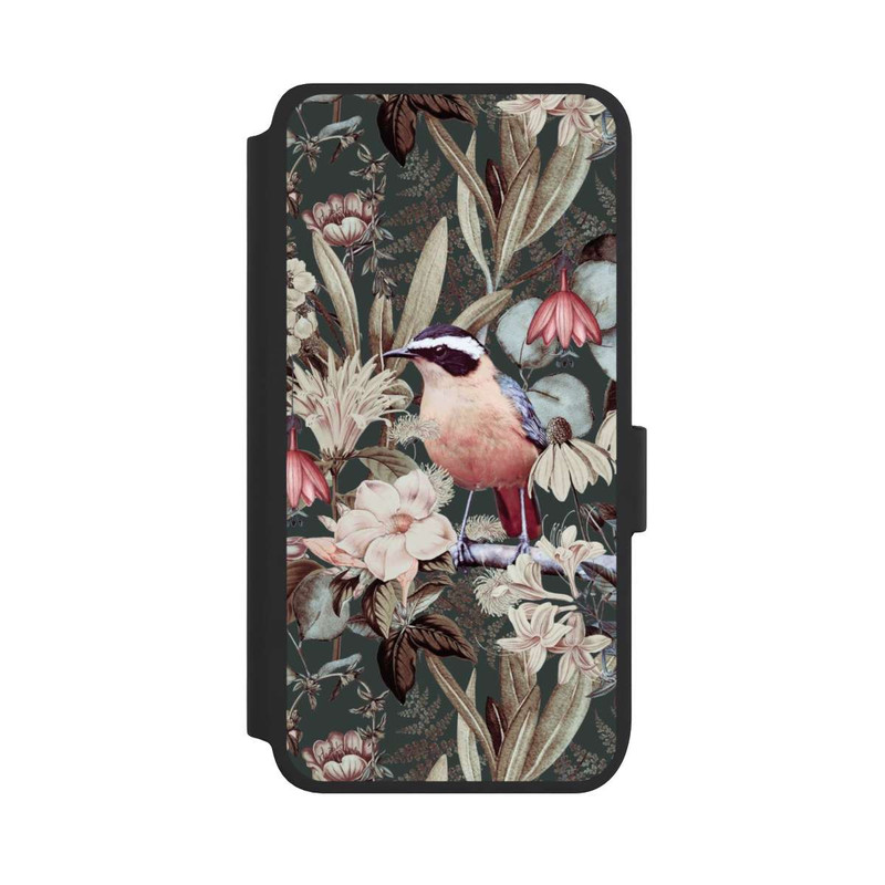 Galaxy S25 NIVOflip Orangefarbener Vogel im Vintage Blumenmuster