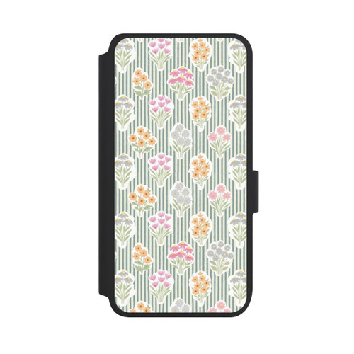 Samsung Galaxy S25 NIVOflip Ditsy Flower Sticker Bouquets on Blue and Cream Pinstripes